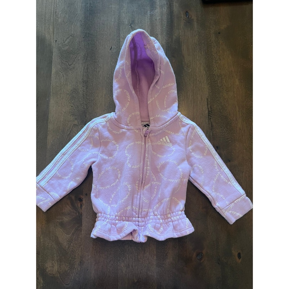 Adidas Baby Girls Purple Full Zip Hoodie Script Logo Ruffle Hem Sweatshirt 6M